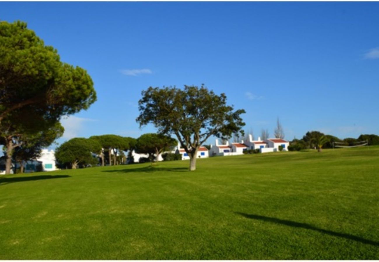 relvado enorme enorme relvado com rede de voleibol e árvores no resort Prainha da Casa Realengo em Alvor