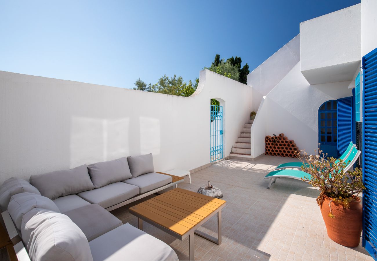 Pátio com Área de Lounge, Escadas e Portão Azul Pátio exterior com conjunto de lounge, espreguiçadeiras, escadas e portão azul.