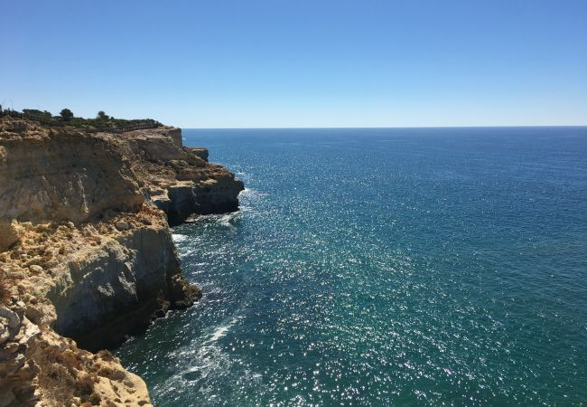 Costa rochosa com cais de madeira perto de Carvoeiro Costa rochosa com cais de madeira perto de Carvoeiro
