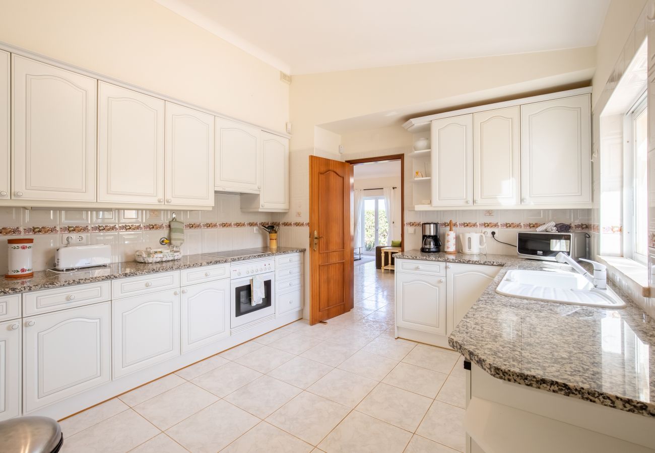 Helle Küche mit weißen Schränken und Fenstern. Innenansicht einer hellen, weißen Küche mit Fenster und Blick nach draußen.