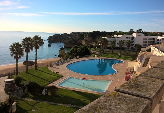 Blick auf den Gemeinschaftspool und den Strand Dona Ana Gemeinschaftspool vom Resort Iberlagos überhalb der Bucht und des Strandes Dona Ana